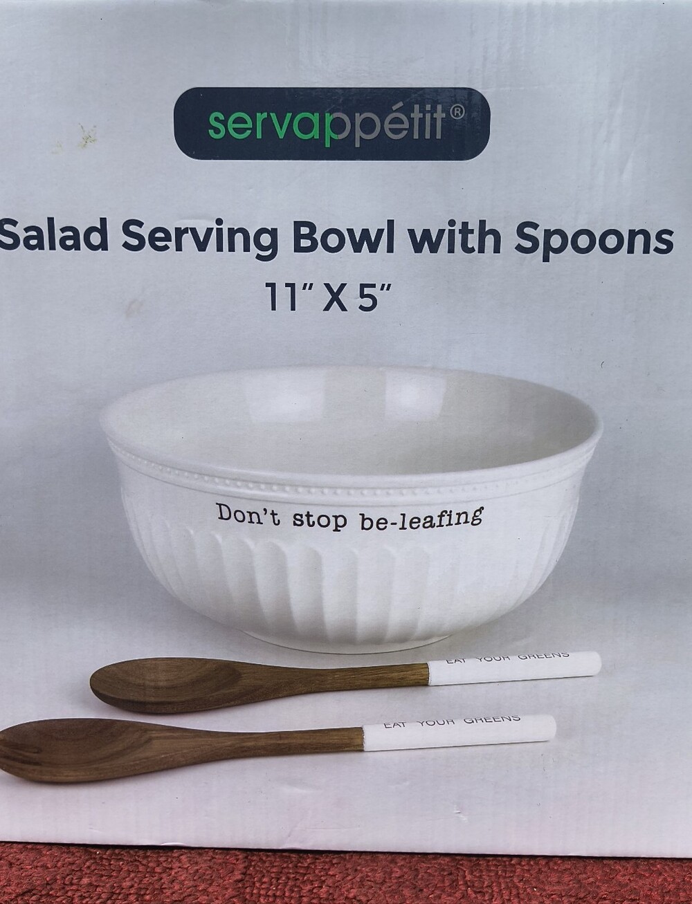 Servappétit 3pc Salad Bowl Set Ceramic Serving Bowl with 2 Spoons White Wood